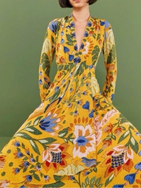 FARM Rio Dresses & Skirts - FARM Rio summer Garden Yellow Floral V-Neck Long-Sleeve Maxi Dress NWT